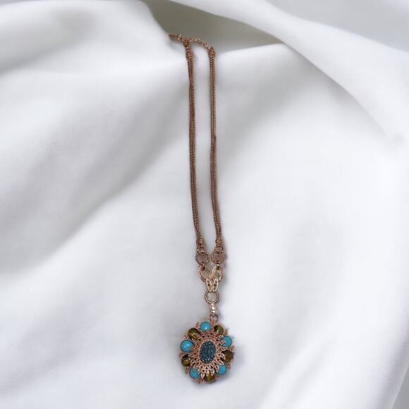 Beria Collection 18KT Rose GP Turquoise & Tigers Eye Floral Pendant Necklace - Picture 4 of 8